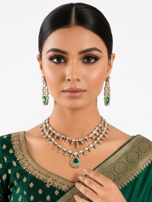 Gold Finish Kundan Polki Necklace Set with Emerald Green Drops – Bridal & Festive Jewelry