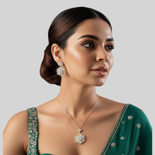 Elegant Gold-Plated Floral Pendant Necklace & Earrings Set