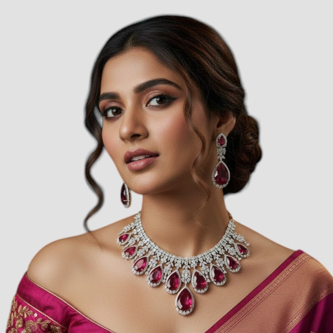 “Red Teardrop Stone Diamond-Cut Bridal Necklace Set with Matching Earrings – Silver Plated Wedding Jewelry”