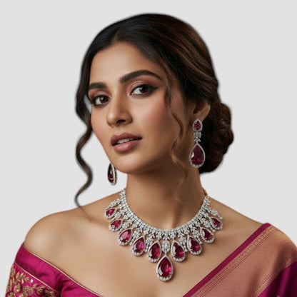 “Red Teardrop Stone Diamond-Cut Bridal Necklace Set with Matching Earrings – Silver Plated Wedding Jewelry”