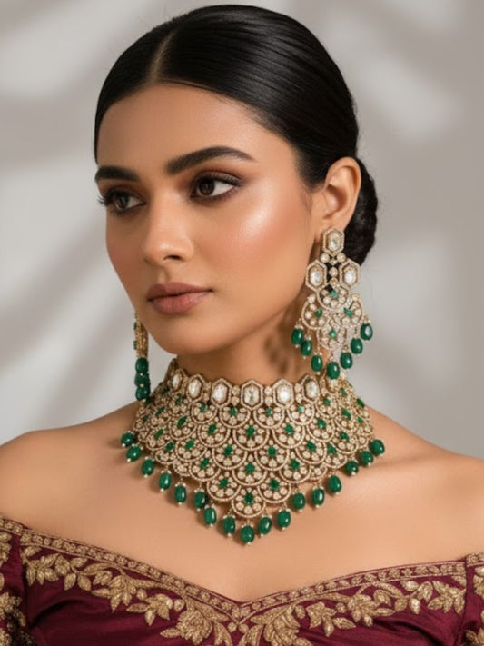 Luxury Mint Green Kundan Bridal Choker Necklace Set with Earrings for Women