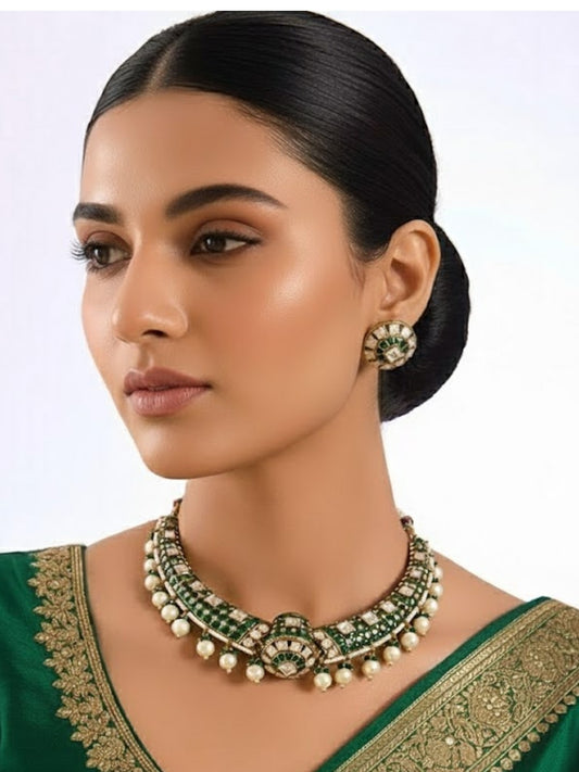 Gold Finish Kundan Stone Choker Necklace Set with Emerald Enamel Detailing