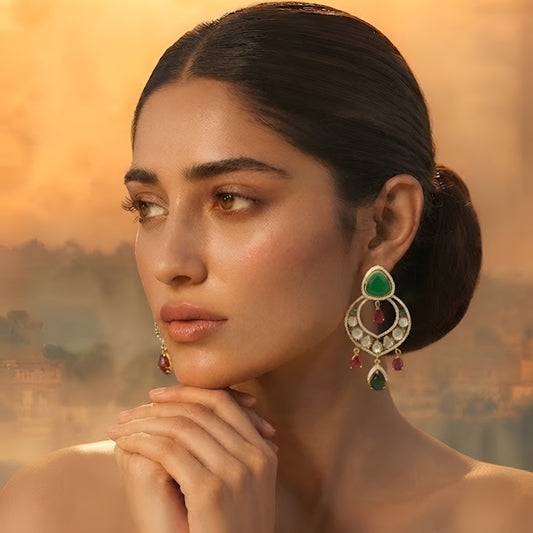 Luxury gold-plated statement earrings with emerald green teardrop stones, ruby drop accents, and sparkling American diamonds for women.