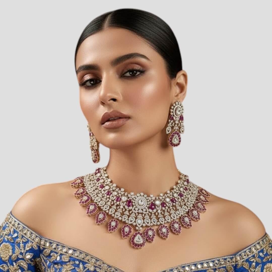 Bridal Kundan & Ruby Stone Choker Necklace Set with Matching Earrings for Women - Auraa Trends