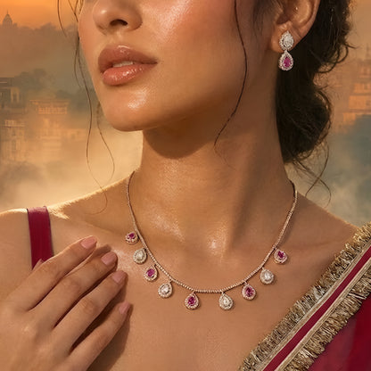 Gold Plated Pink and White Kundan Drop Necklace Set with Matching Earrings for Women Traditional Bridal Wedding Jewelry
