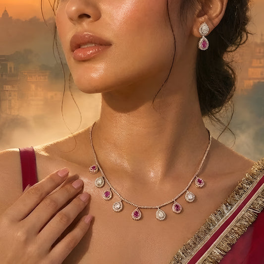 Gold Plated Pink and White Kundan Drop Necklace Set with Matching Earrings for Women Traditional Bridal Wedding Jewelry