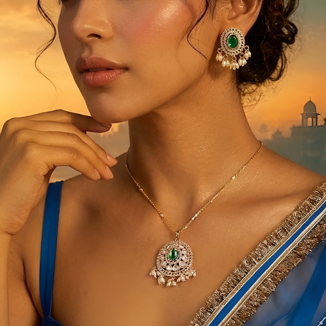 Gold Plated Green Kundan Pendant Necklace Set with Pearl Drop Earrings for Women Traditional Bridal Wedding Jewelry