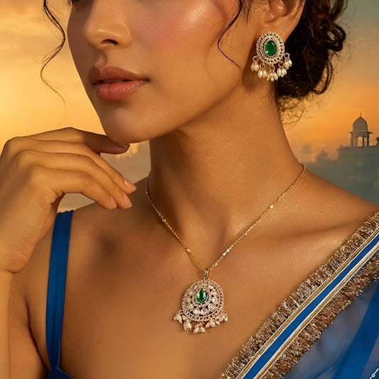 Gold Plated Green Kundan Pendant Necklace Set with Pearl Drop Earrings for Women Traditional Bridal Wedding Jewelry