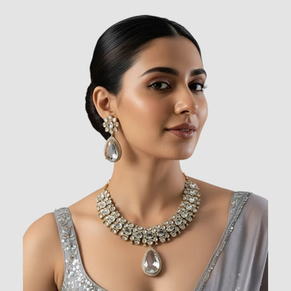 White Stone Teardrop Gold-Plated Bridal Necklace Set