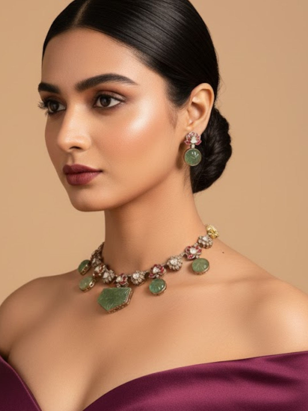 Lotus Motif Carved Green Stone Necklace Set with Earrings | Ethnic & Festive Jewelry