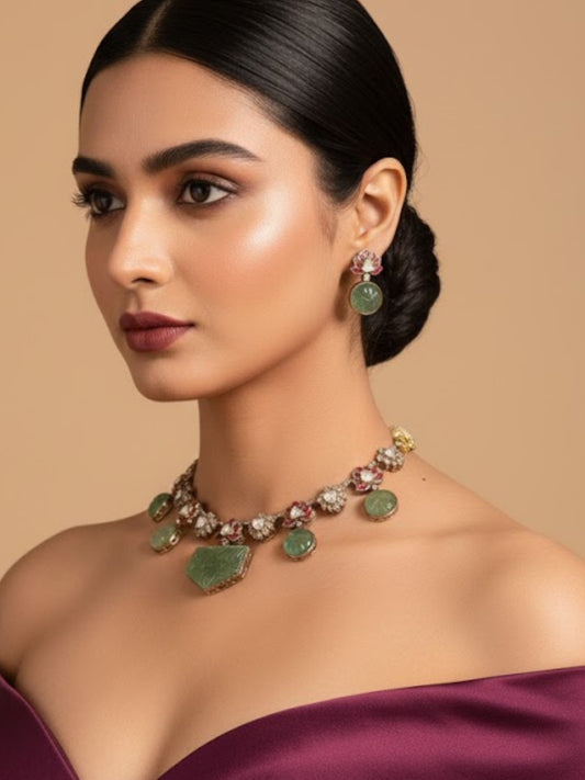 Lotus Motif Carved Green Stone Necklace Set with Earrings | Ethnic & Festive Jewelry