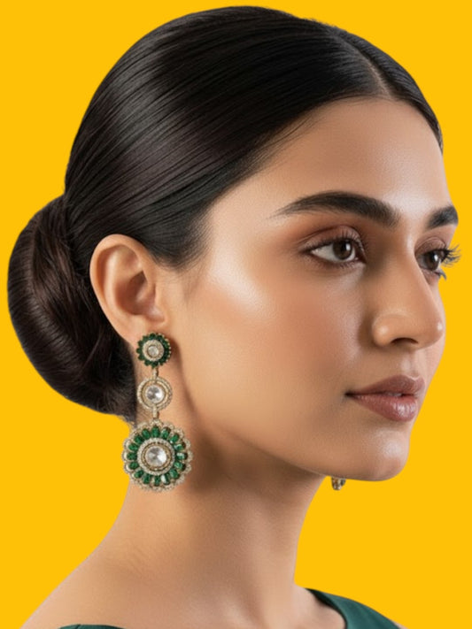 Antique Gold-Plated Green Kundan Floral Dangle Earrings for Women