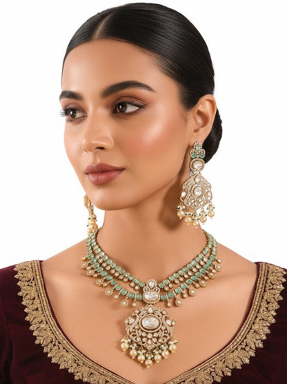 Gold Finish Kundan Polki Pendant Necklace Set with Green Beads – Bridal & Festive Jewelry