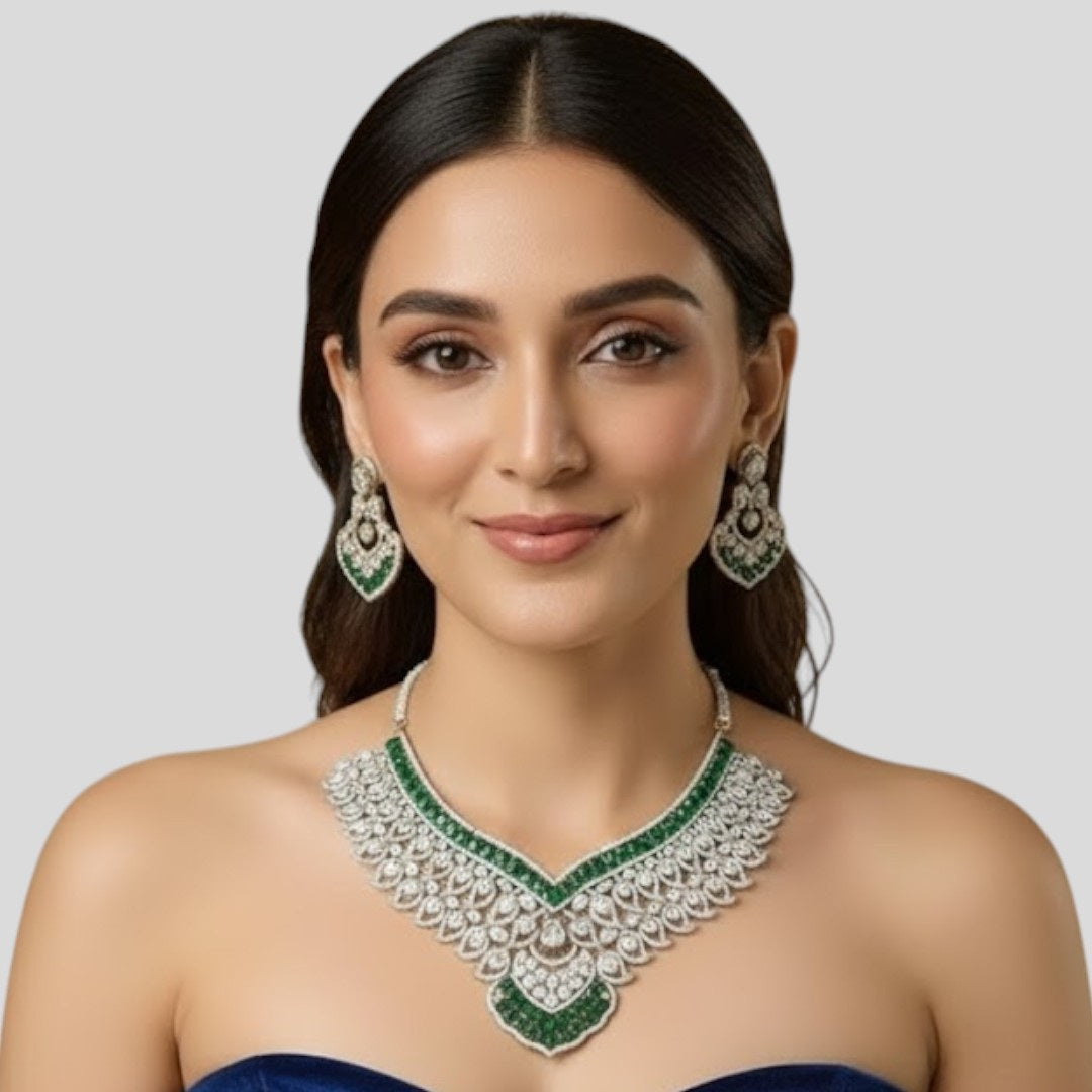“Emerald green Kundan choker necklace set with Polki stones and earrings”