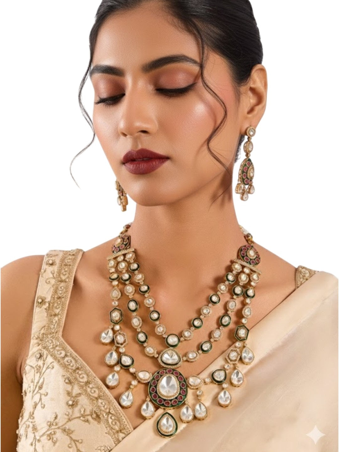 Luxurious Multi-Layered Pearl Necklace with Colorful Gemstones and Matching Earrings Set