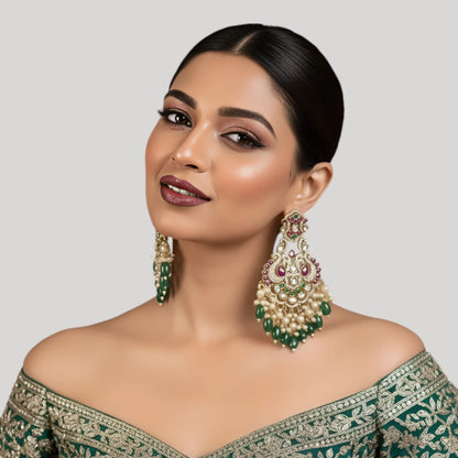Antique Gold Kundan Chandbali Earrings with Pearl & Green Bead Drops