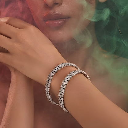 Silver tone AD studded designer bangle bracelet set with sparkling white stones