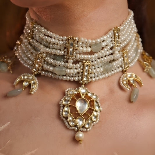 Traditional white pearl Kundan choker necklace for women with gold-plated pendant, bridal wedding jewellery.