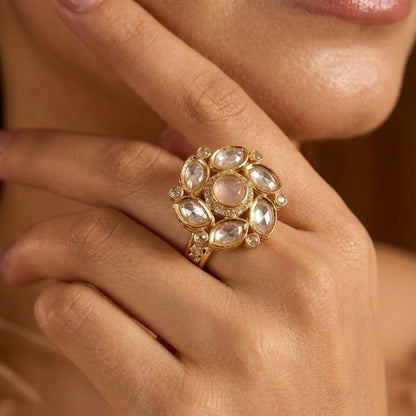 Gold-plated floral Kundan adjustable ring with white stones and pink center stone for women