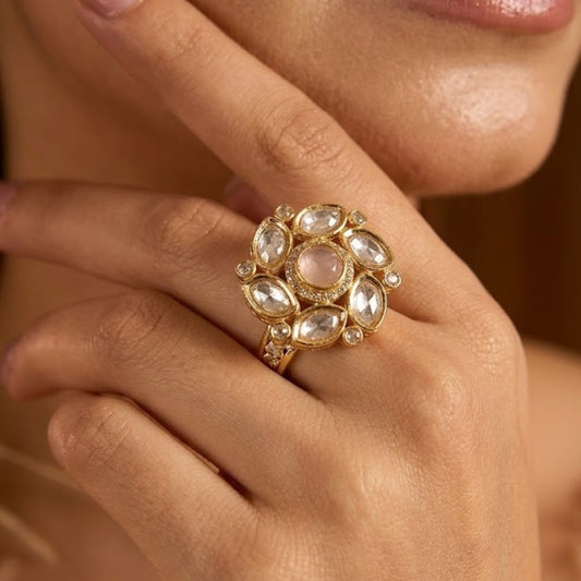 Gold-plated floral Kundan adjustable ring with white stones and pink center stone for women