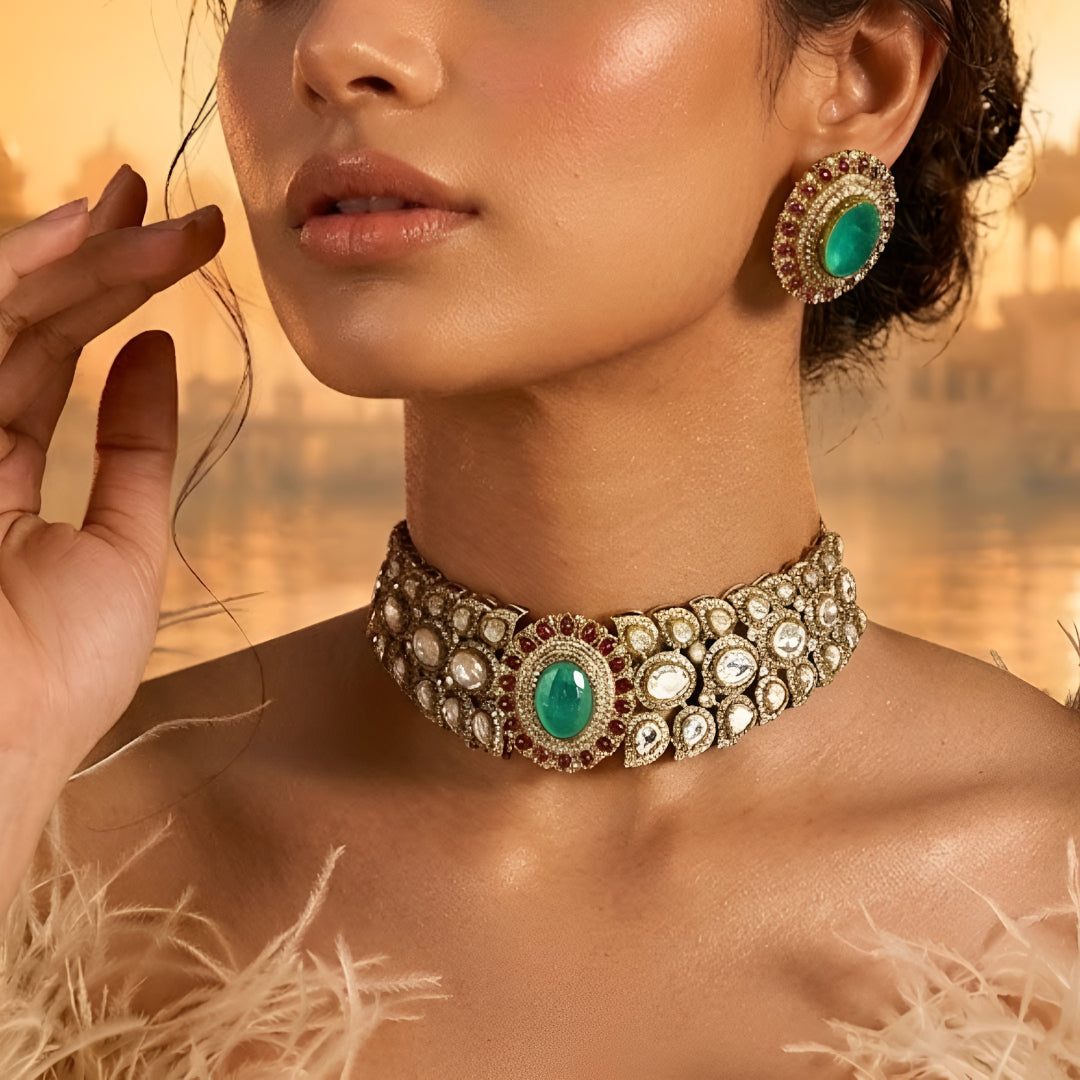 Royal Green Kundan Choker Necklace Set with Ruby Accents | Bridal Traditional Jewelry Set for Women