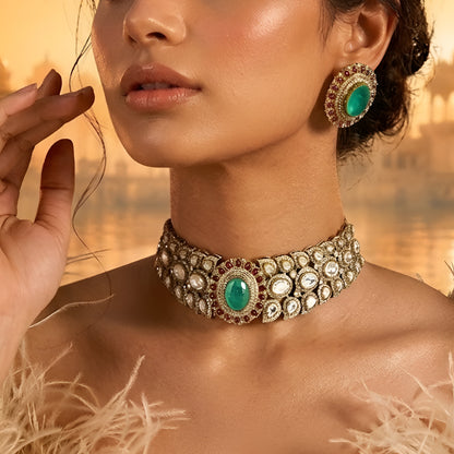 Royal Green Kundan Choker Necklace Set with Ruby Accents | Bridal Traditional Jewelry Set for Women