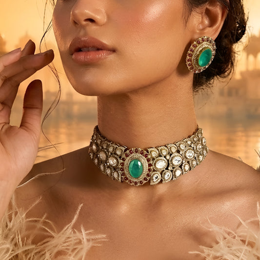 Royal Green Kundan Choker Necklace Set with Ruby Accents | Bridal Traditional Jewelry Set for Women