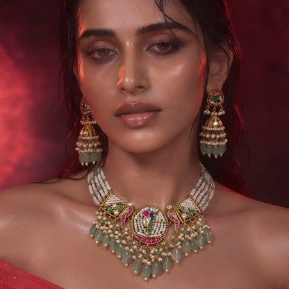 "Kundan medallion necklace set with sage green bead drops and matching jhumka earrings"