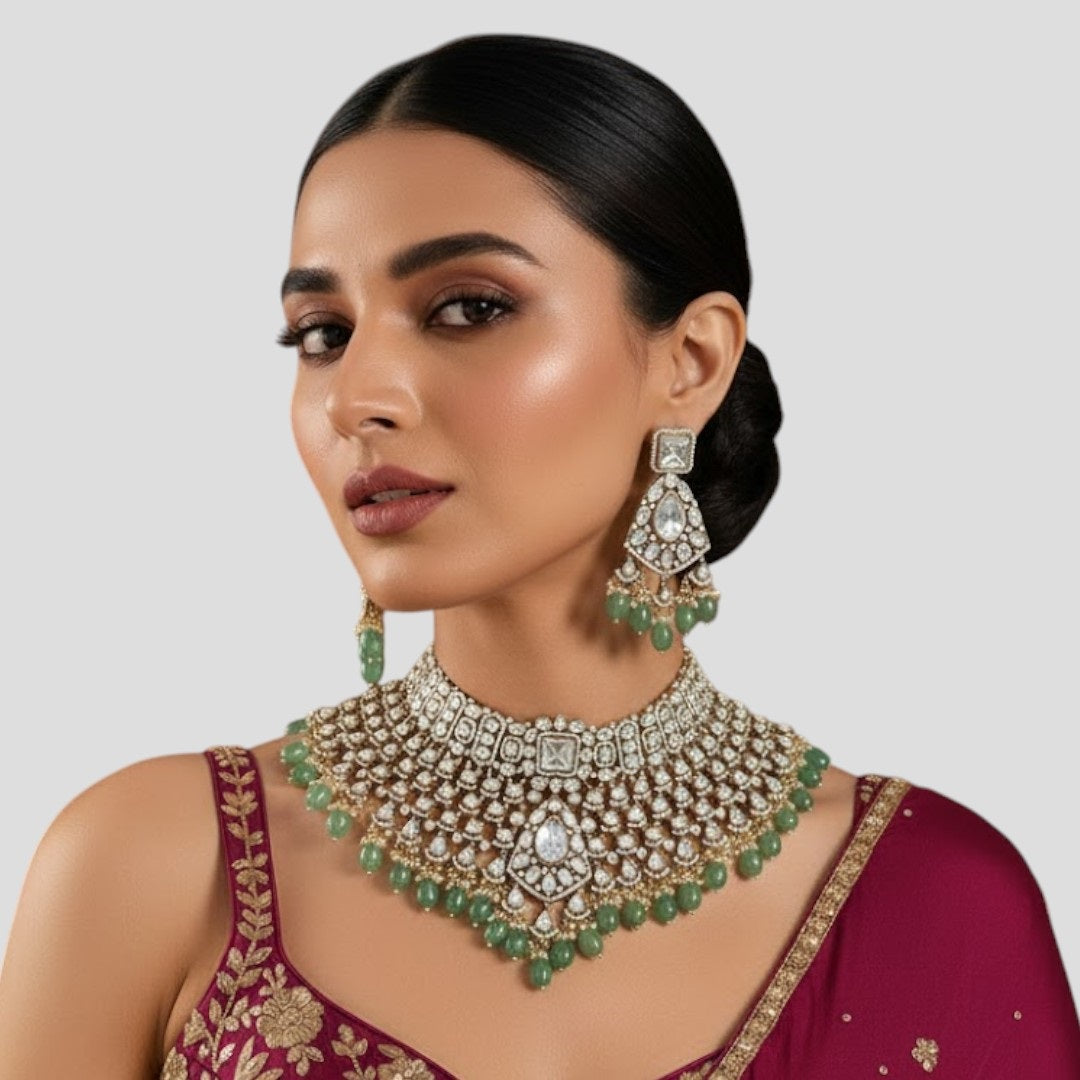 “Kundan choker necklace set with mirror stones and green bead drops, paired with matching earrings – bridal and ethnic jewellery for women.”