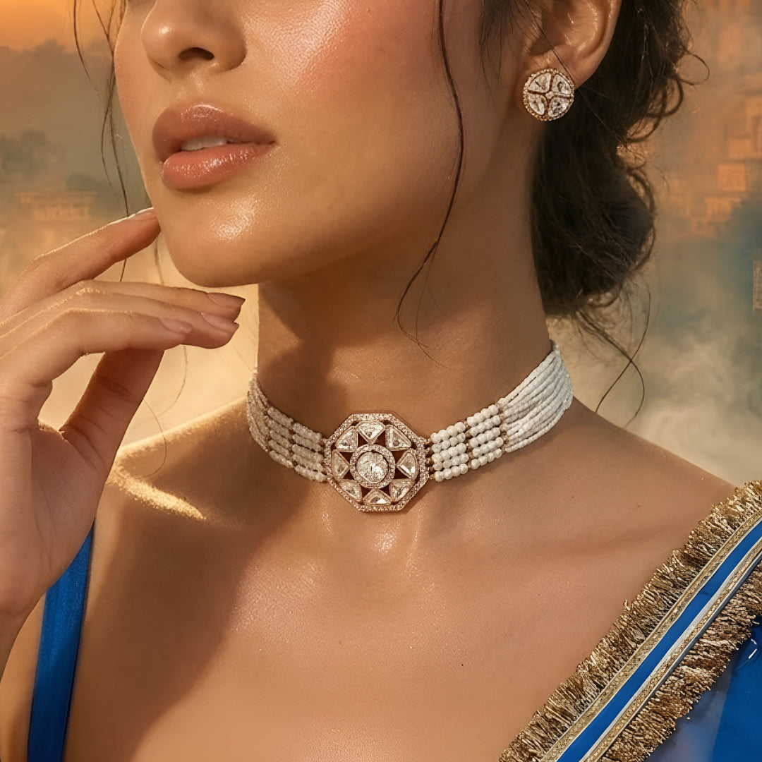 Elegant pearl kundan choker necklace set with matching stud earrings featuring gold-tone finish and traditional ethnic design for women.