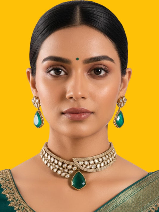 Gold Finish Kundan Polki Choker Necklace Set with Emerald Green Stones – Bridal & Festive Jewelry