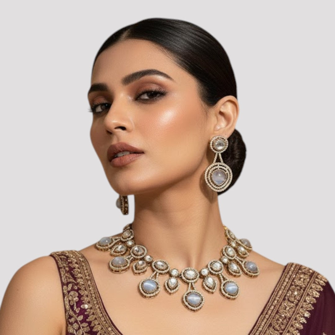 “Gold-plated white stone kundan necklace set with matching earrings for women, bridal and festive wear.”