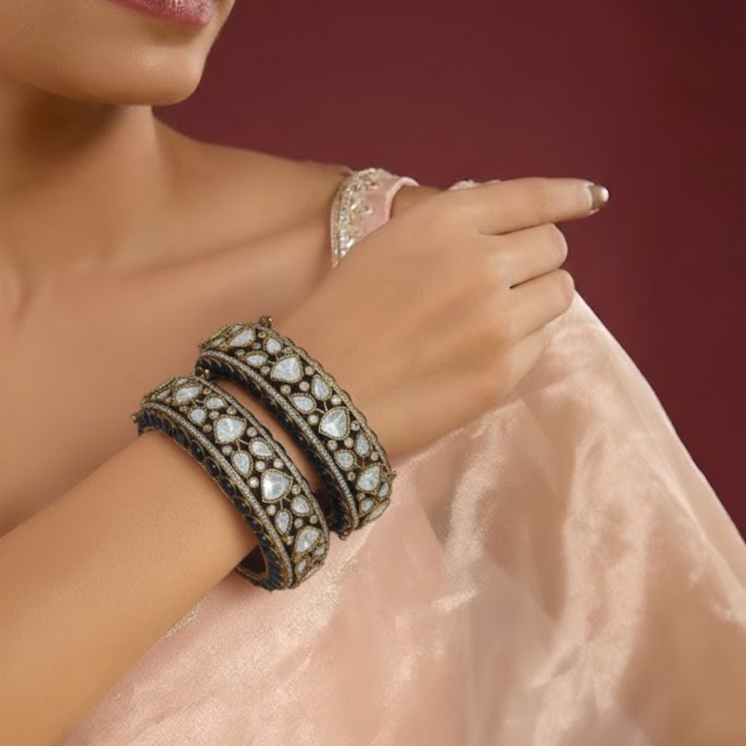 Black and white Kundan studded gold plated handcrafted bridal bangles for women