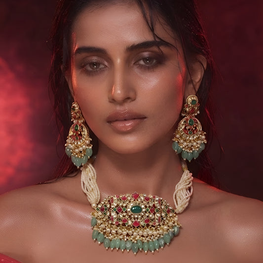"Antique gold choker with ruby emerald stone work and matching earrings"