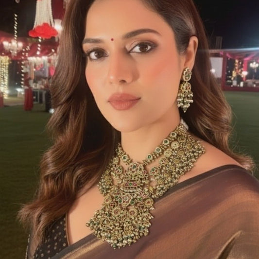 Royal Temple Style Multi-Layered Kundan Necklace Set with Earrings