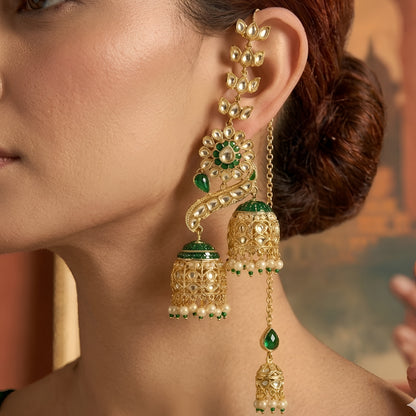 Gold-plated green Kundan peacock jhumka earrings with ear chain and double jhumka drops for bridal wear