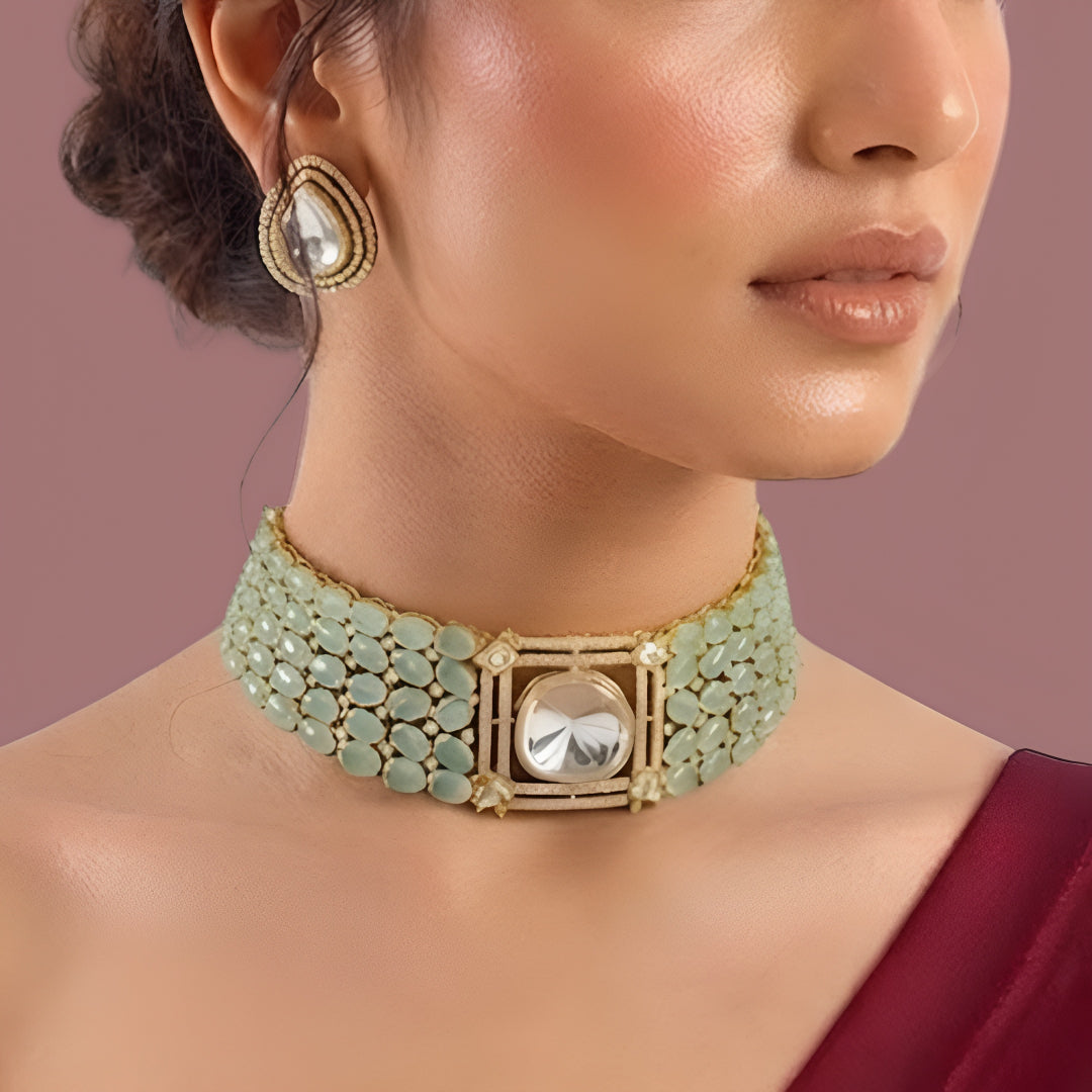 Mint green stone choker necklace set with matching teardrop earrings in gold plating by Auraa Trends