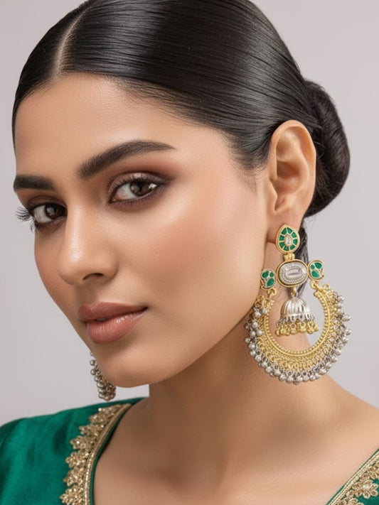 Traditional Gold & Silver-Plated Chandbali Earrings with Green Enamel & Jhumka Drop for Women