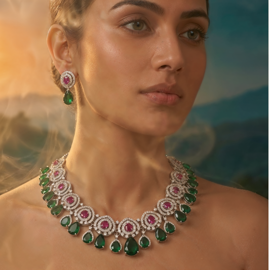 Emerald Green & Ruby Stone Diamond Finish Necklace Set with Earrings | Luxury Bridal Jewellery
