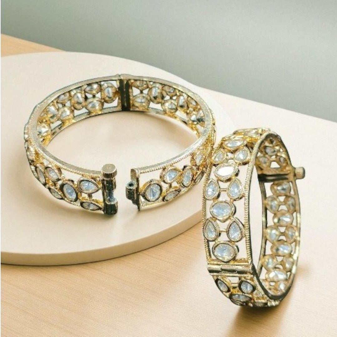 Gold-Plated Kundan Bangles with White Stones