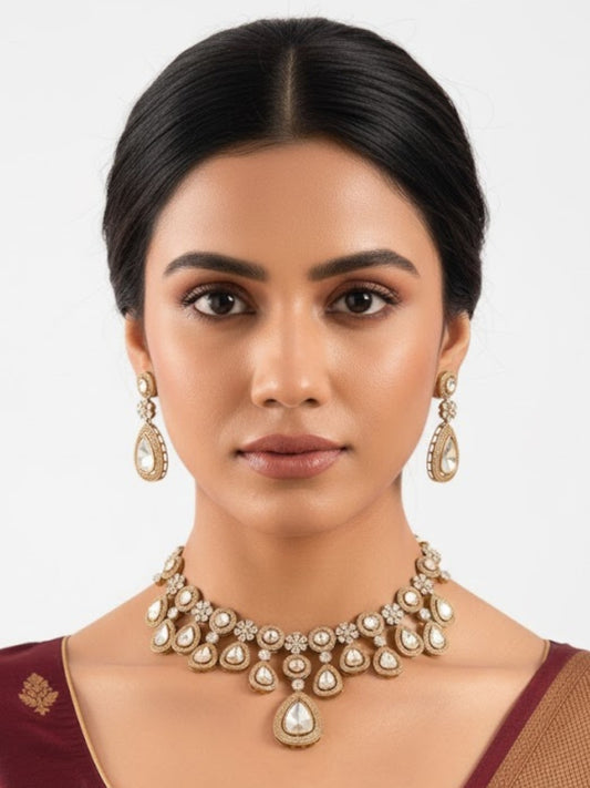 Classic White Kundan Choker Necklace Set with Earrings for Bridal & Wedding Wear