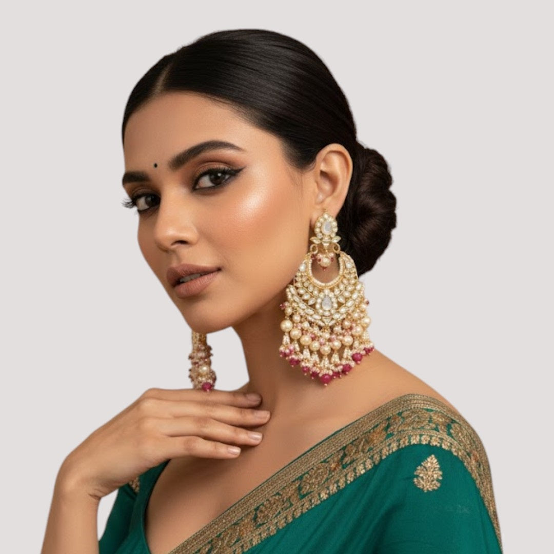Heavy Gold-Plated Kundan Chandbali Earrings with Pearl & Pink Bead Work