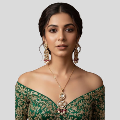 Rose Gold Kundan Pendant Necklace & Earrings Set with Ruby Beads and Pearls