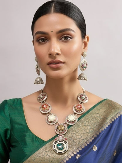 Oxidized Silver Necklace Set with Multicolor Enamel & Lotus Motif Earrings