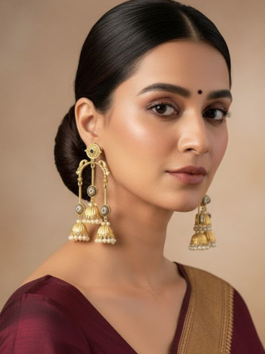 Traditional Gold-Tone Multi Jhumka Earrings with Pearl Drops