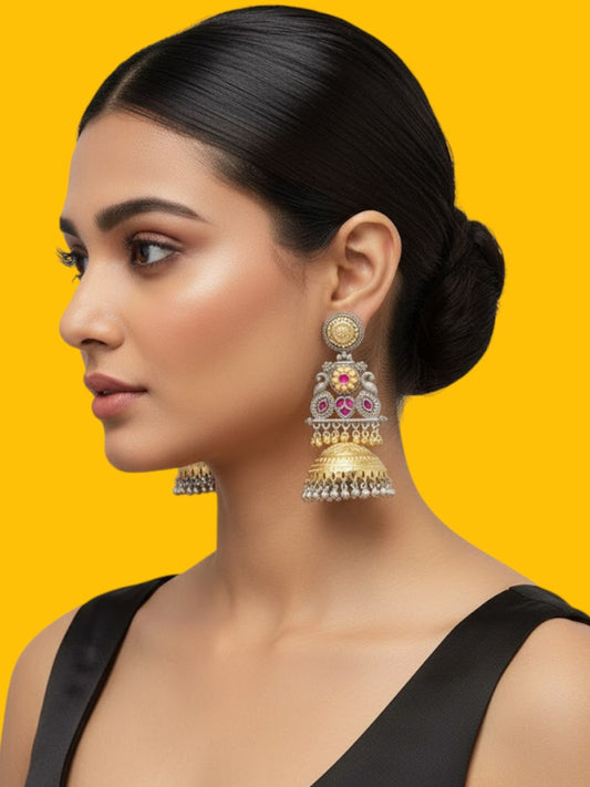 Handcrafted Dual-Tone Temple Jhumka Earrings with Pearls & Pink Stones
