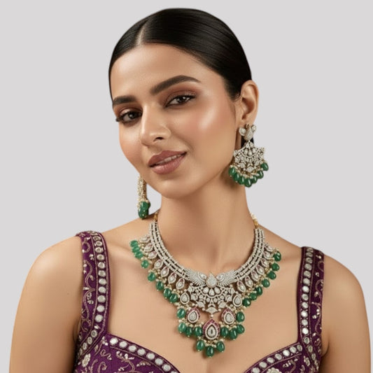 “Royal Peacock Kundan Bridal Necklace Set with Emerald Beads and Earrings – Gold Plated Wedding Jewellery”
