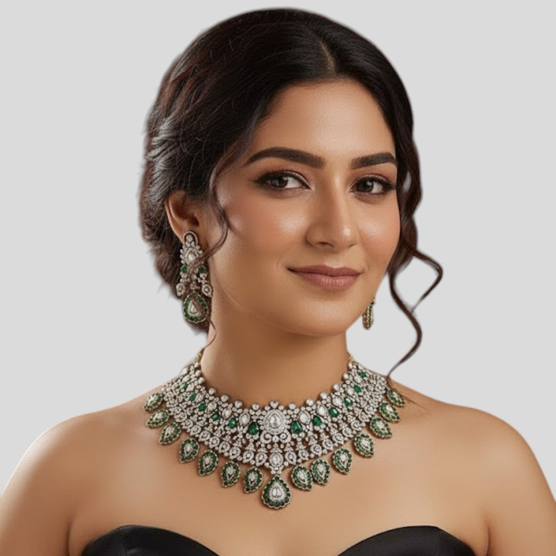 “Kundan bridal choker necklace set with green enamel drops and matching earrings – ethnic wedding jewellery for women.”