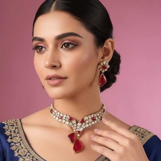 Ruby Red Stone Studded Choker Necklace Set with Gold-Plated Drop Earrings