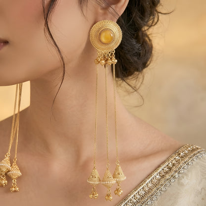 Traditional Gold Plated Long Chain Jhumka Tassel Earrings for Women